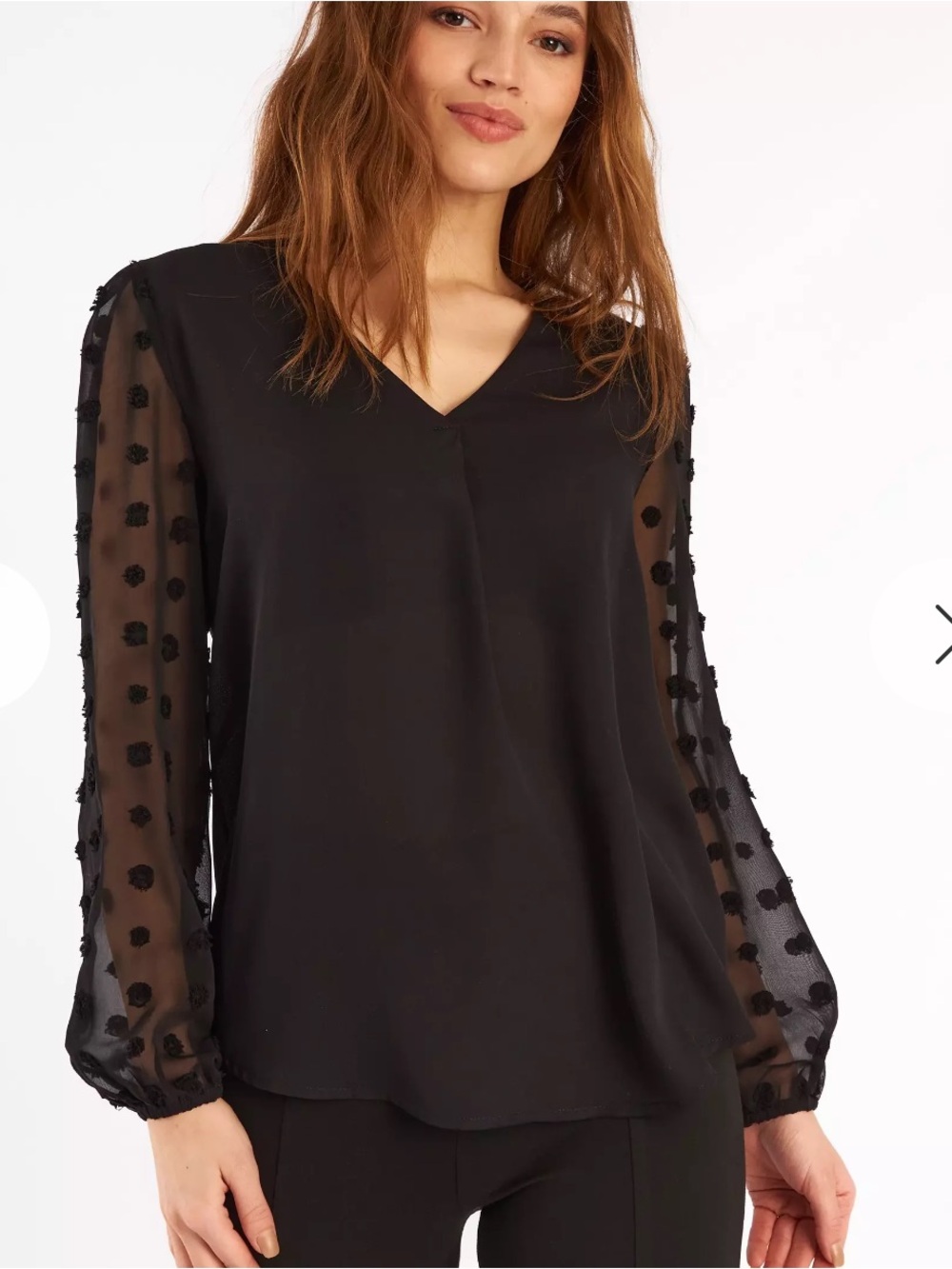 SHEIN Black V-Neck Blouse with Sheer Dot Sleeves